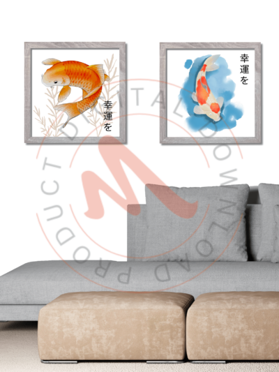 Japanese Koi Fish Watercolor Art Gold, Orange, Blue | Invite Serenity and Good Fortune | Downloadable Art